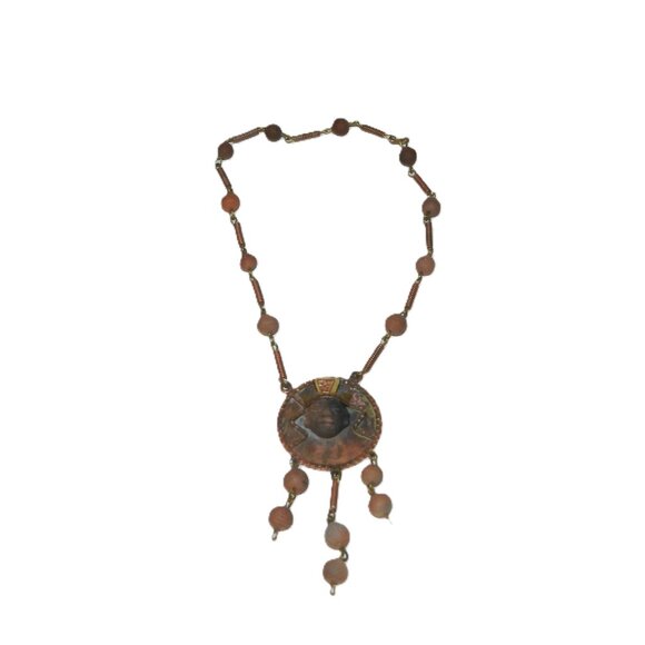 Vintage Copper And Clay Mayan Aztec Pendant Bead Necklace Very Rare! - Picture 2 of 10